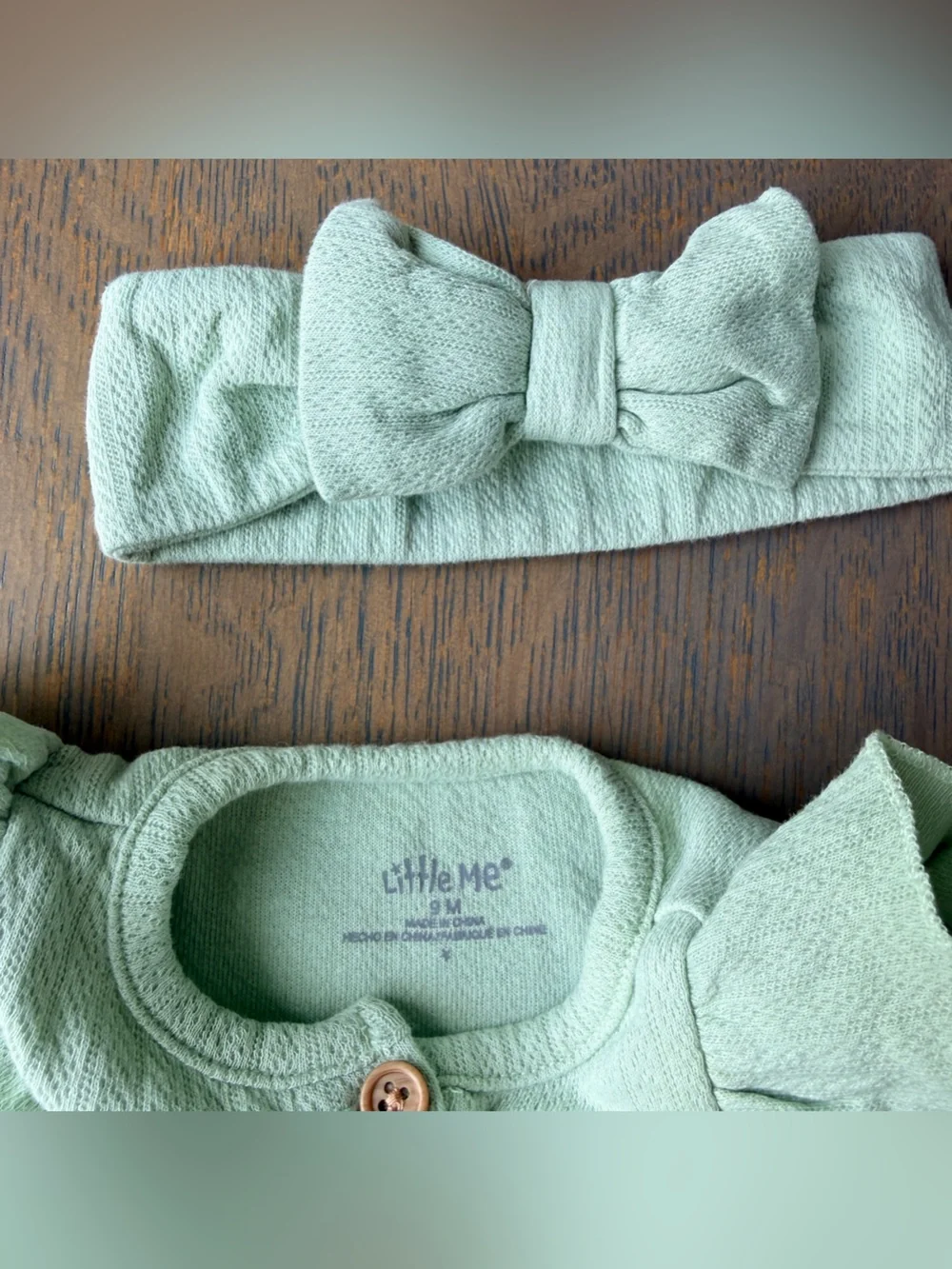 Little Me Soft Sage Ruffled Baby One-Piece with Headband - 9 Months
